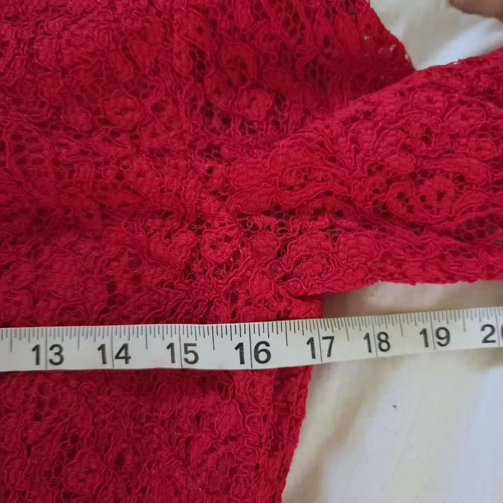 Cache Red Lace Midi Sheath Dress Size 10 Cocktail Party Eyelash Trim Full Zip